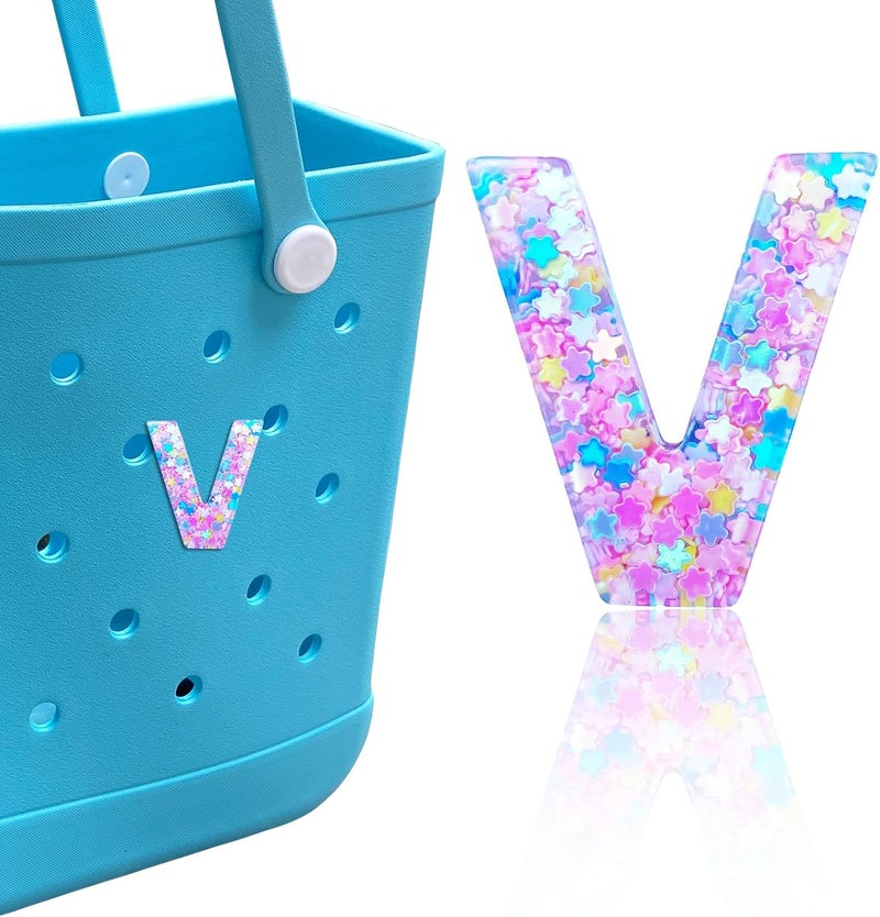 HLUWA Letter Charms for Bogg Bag, Alphabet Pink Star Sequin Lettering Accessories Charms for Bogg and Simply Southern Bag, Insert Decorative Letters Charm for Handbag Beach Tote Bag. - Image 1
